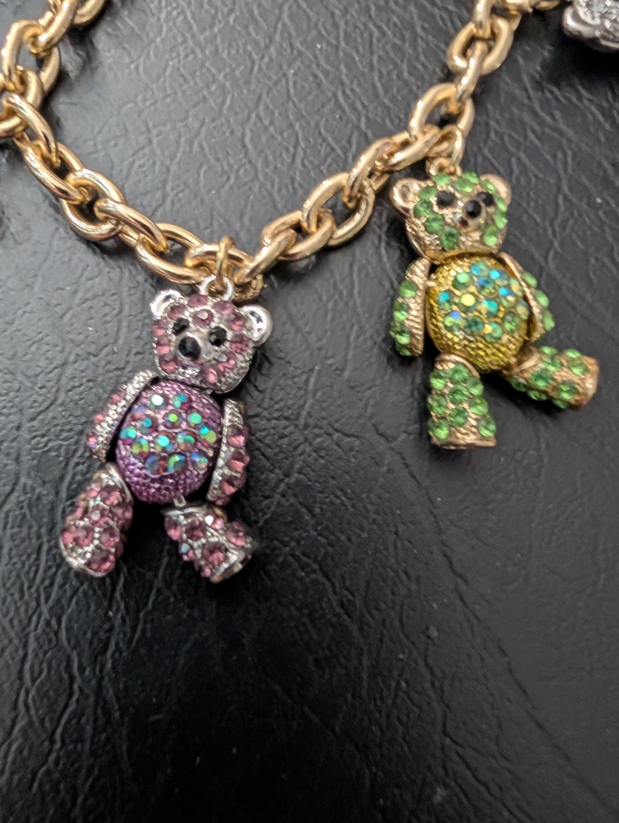 RARE Off Park R Collection Jointed Teddy Bear Charms Bracelet Gold & Silver Pave