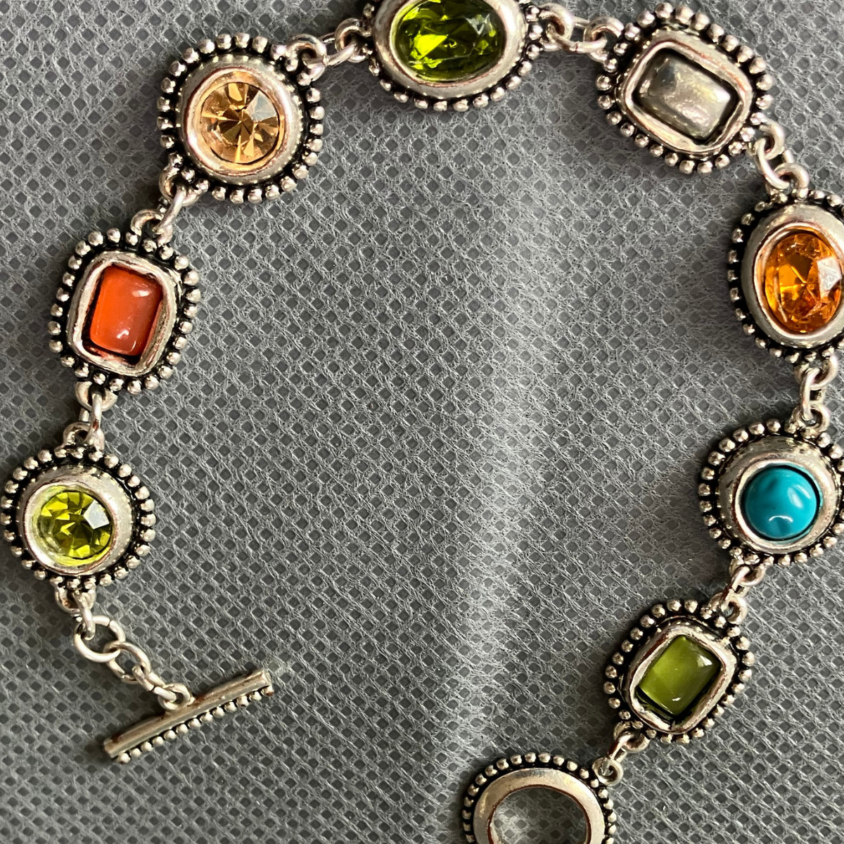 Vintage Silver Plated Glass Gem Bracelet Colorful Statement Jewelry Retro Fun