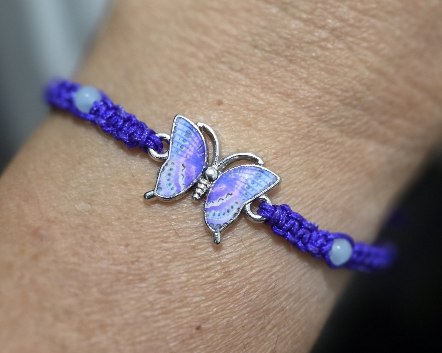 Hand Made Purple Adjustable Cord Charm Bracelet w/ Silver Enamel Butterfly