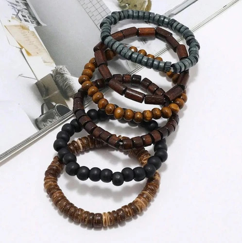 6pcs Braided Leather & Wooden Bead Bracelets – Adjustable Vintage Style for Men