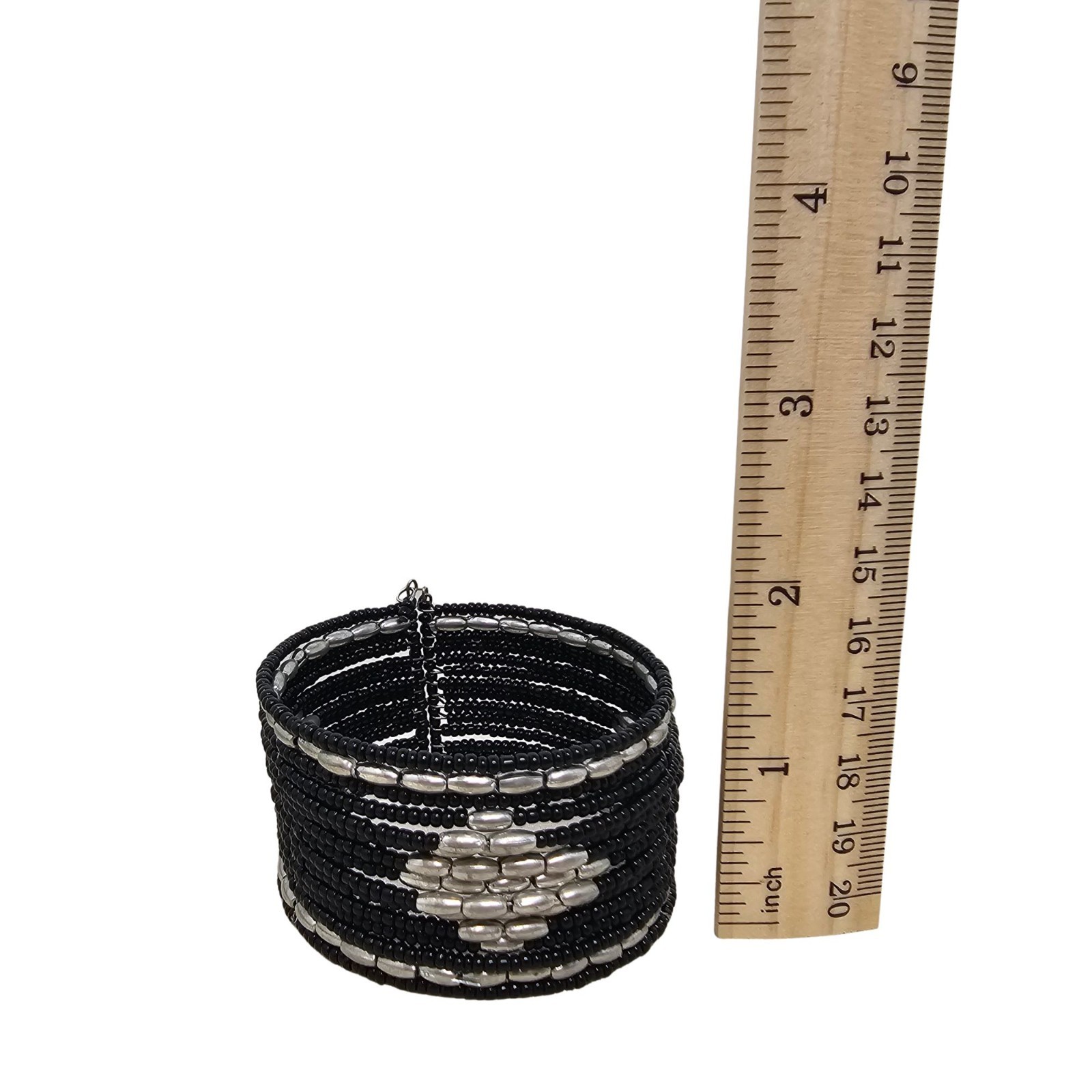 2pc Set 15-Strand Black Beaded Bracelets Bohemian Fashion Boho Tribal Wide Cuffs