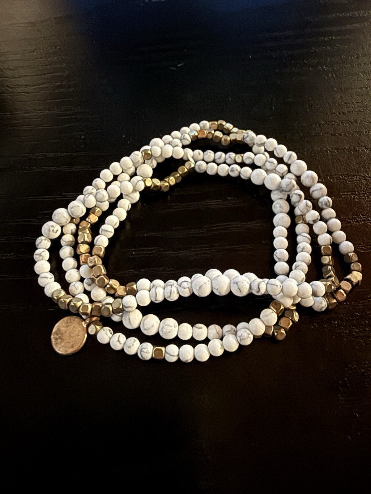 White & Gold Tone Beaded Wrap Charm Bracelet, Stackable, Dangle Charm