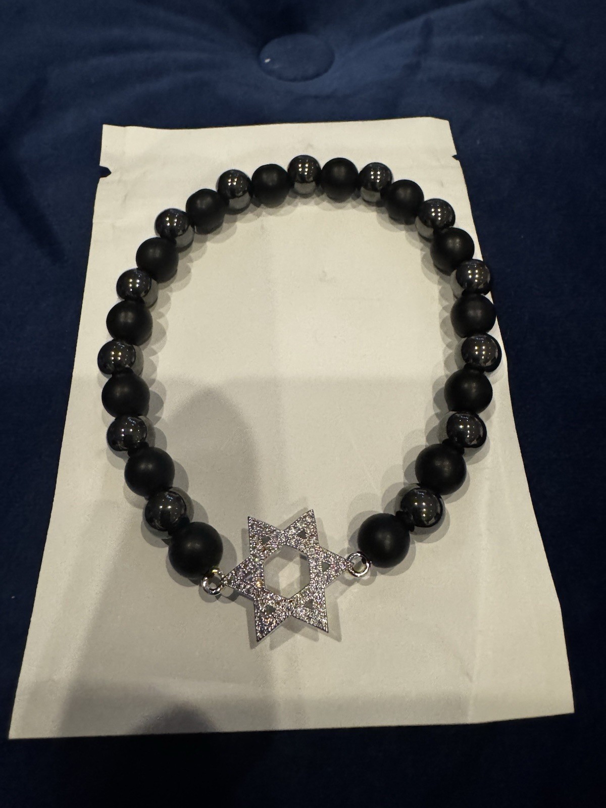 Men’s Beads Bracelet With Jewish Star With CZ 8”stretchy