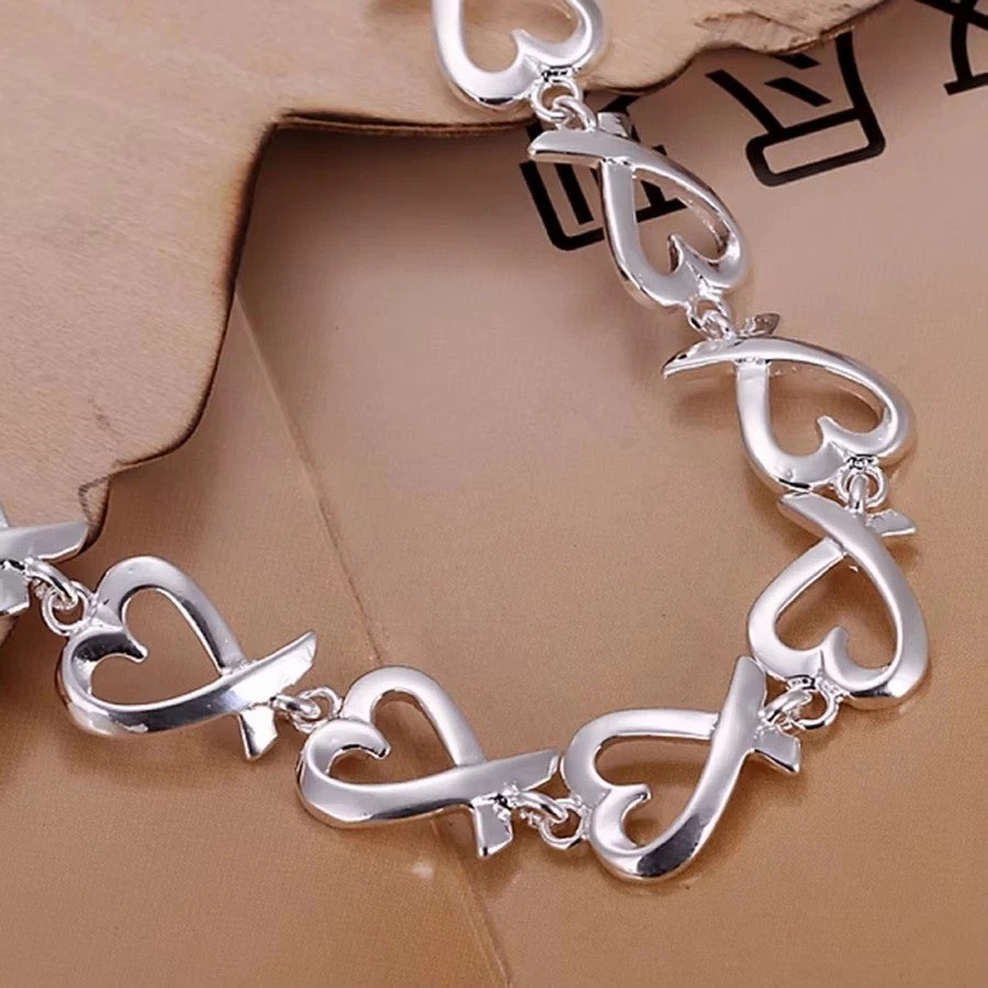 925 Sterling Silver Charm Heart Thick Chain Women Bracelet Fashion Jewelry
