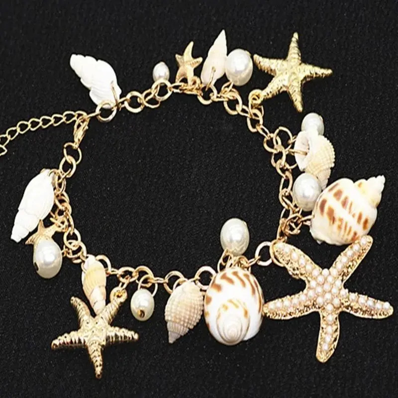Gold Color Metal Starfish Conch Charm Women Bracelet Imitation Pearl Natural