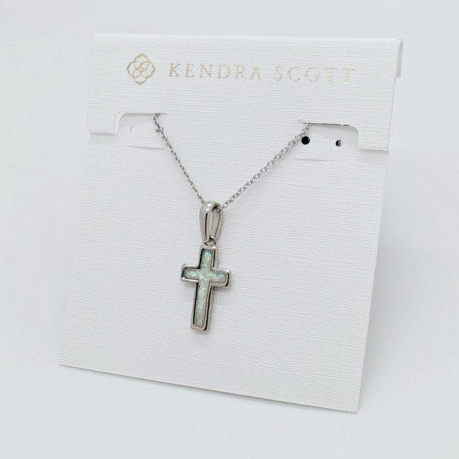 New Kendra Scott Cross Silver Pendant Necklace in White Opal