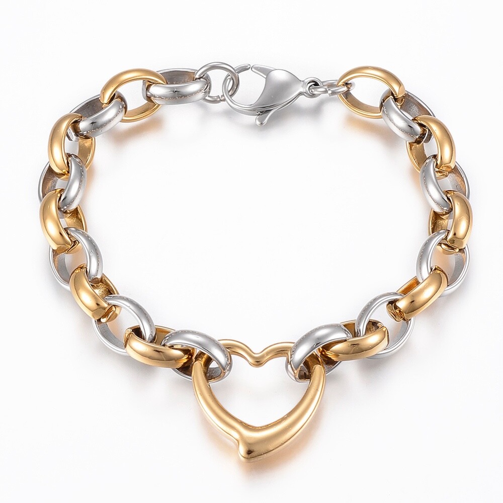 Stainless Link Steel Bracelet Stainless Steel Pendant Heart Gold Silver 8.6 A65