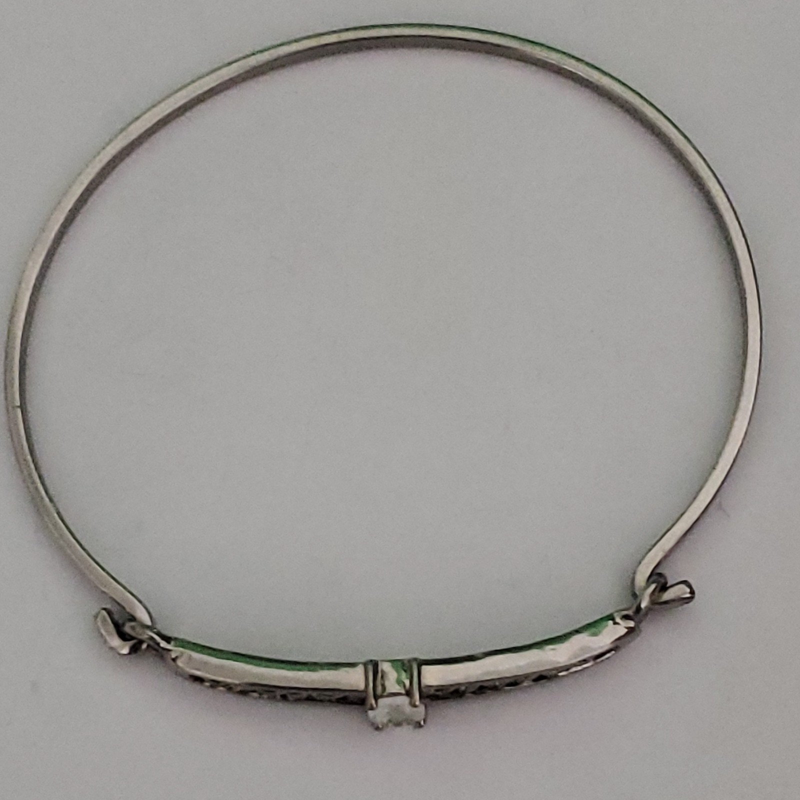 Sterling Silver Metal 925 Bangle Bracelet w/ Prong-Set Oval Clear Stone Filigree