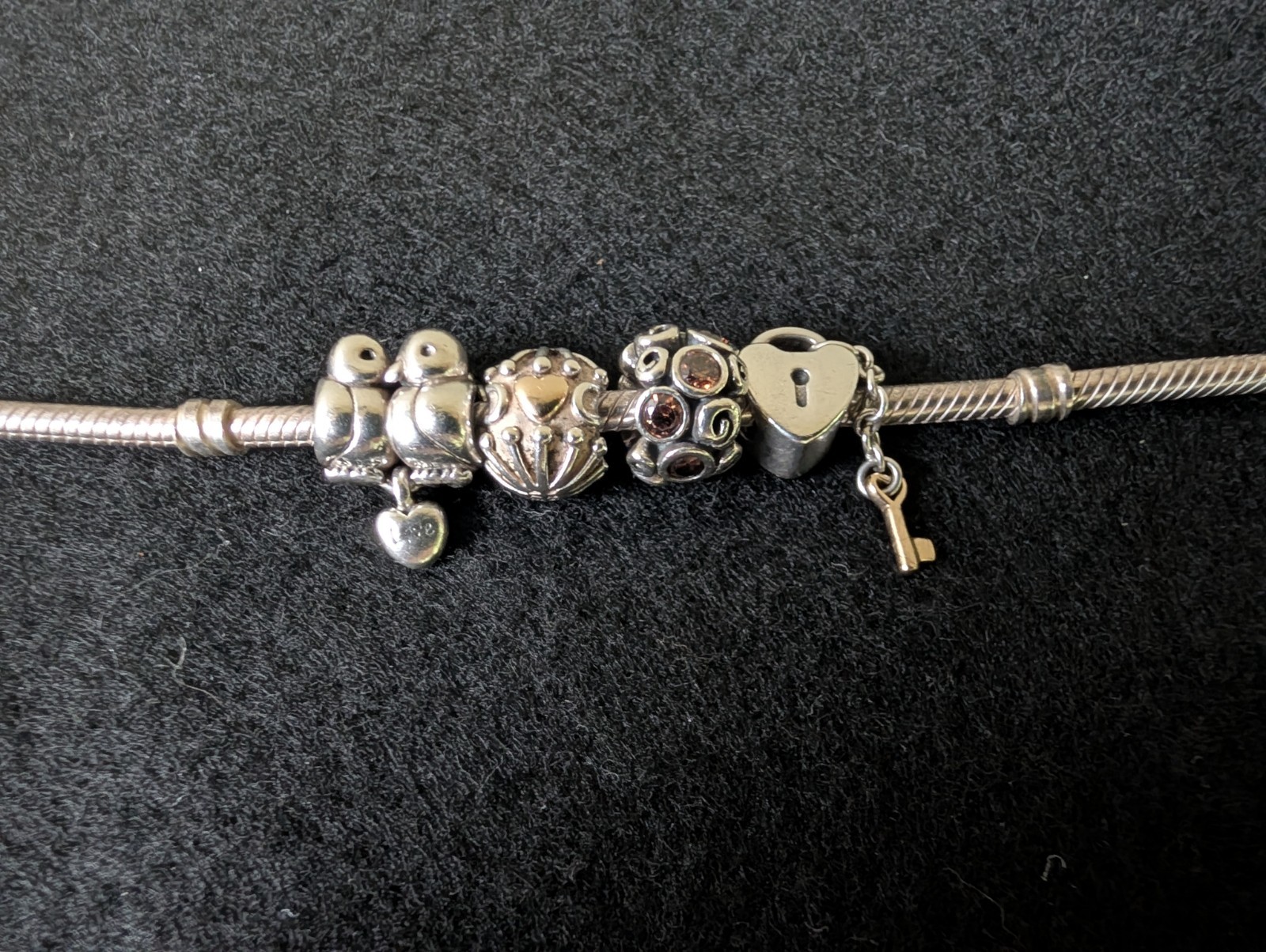 PANDORA Sterling Silver Snake Chain Charm Bracelet With 4 “Love” Themed Charms