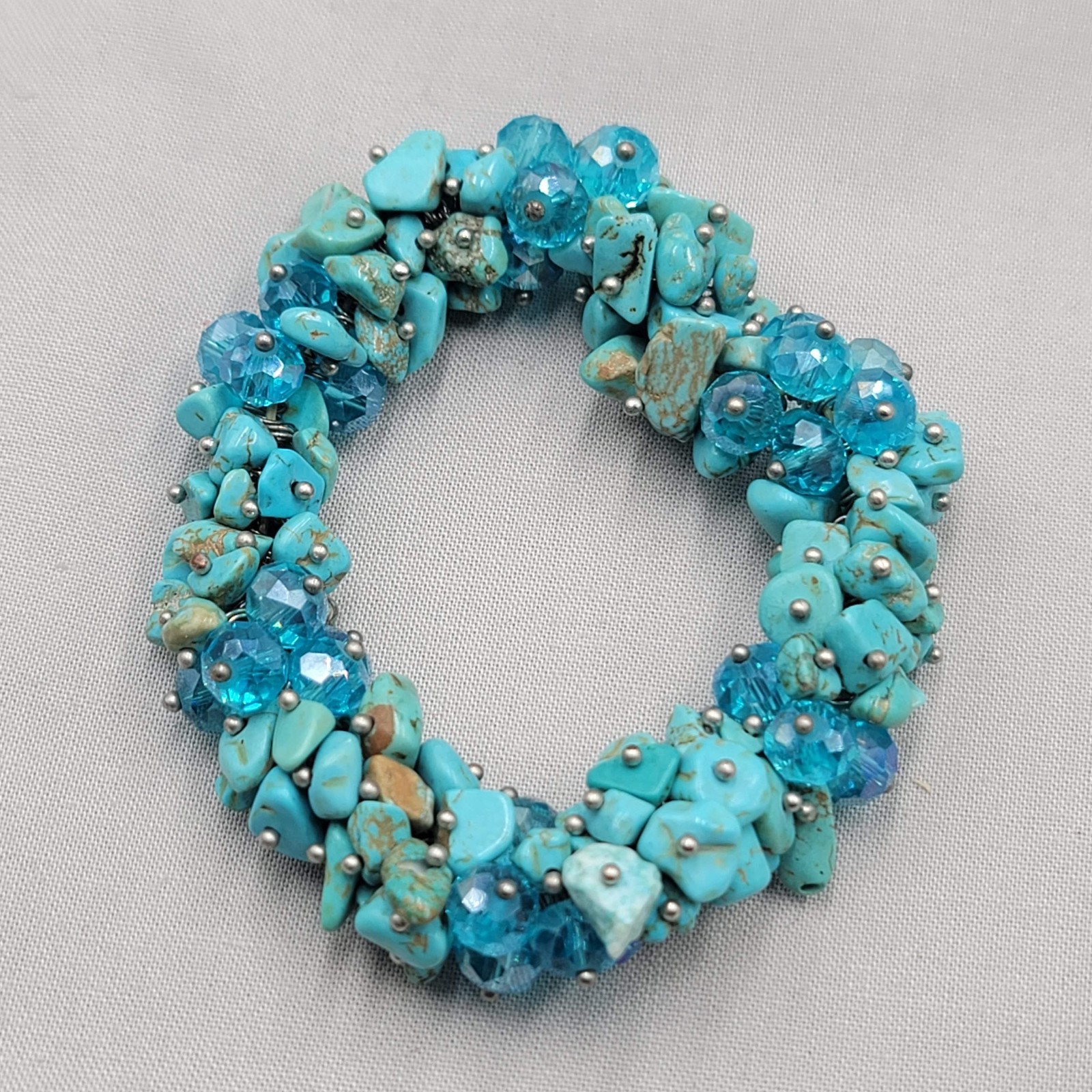 Turquoise Stone & Crystal Cluster Bead Bracelet Stretch Elastic 7.5″
