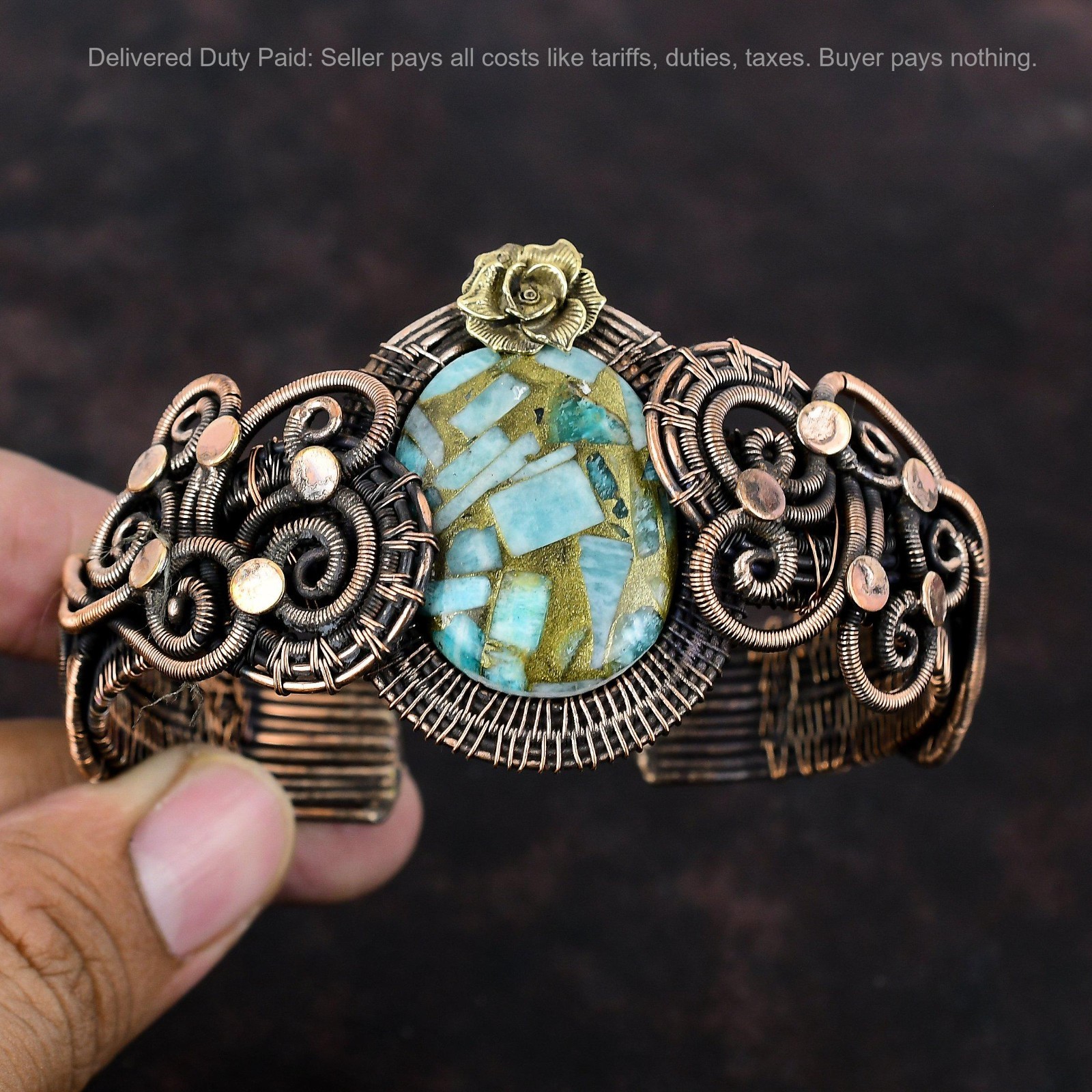 Copper Oval Copper Amazonite Gemstone Mother New Wire Wrapped Flower Bangle Cuff