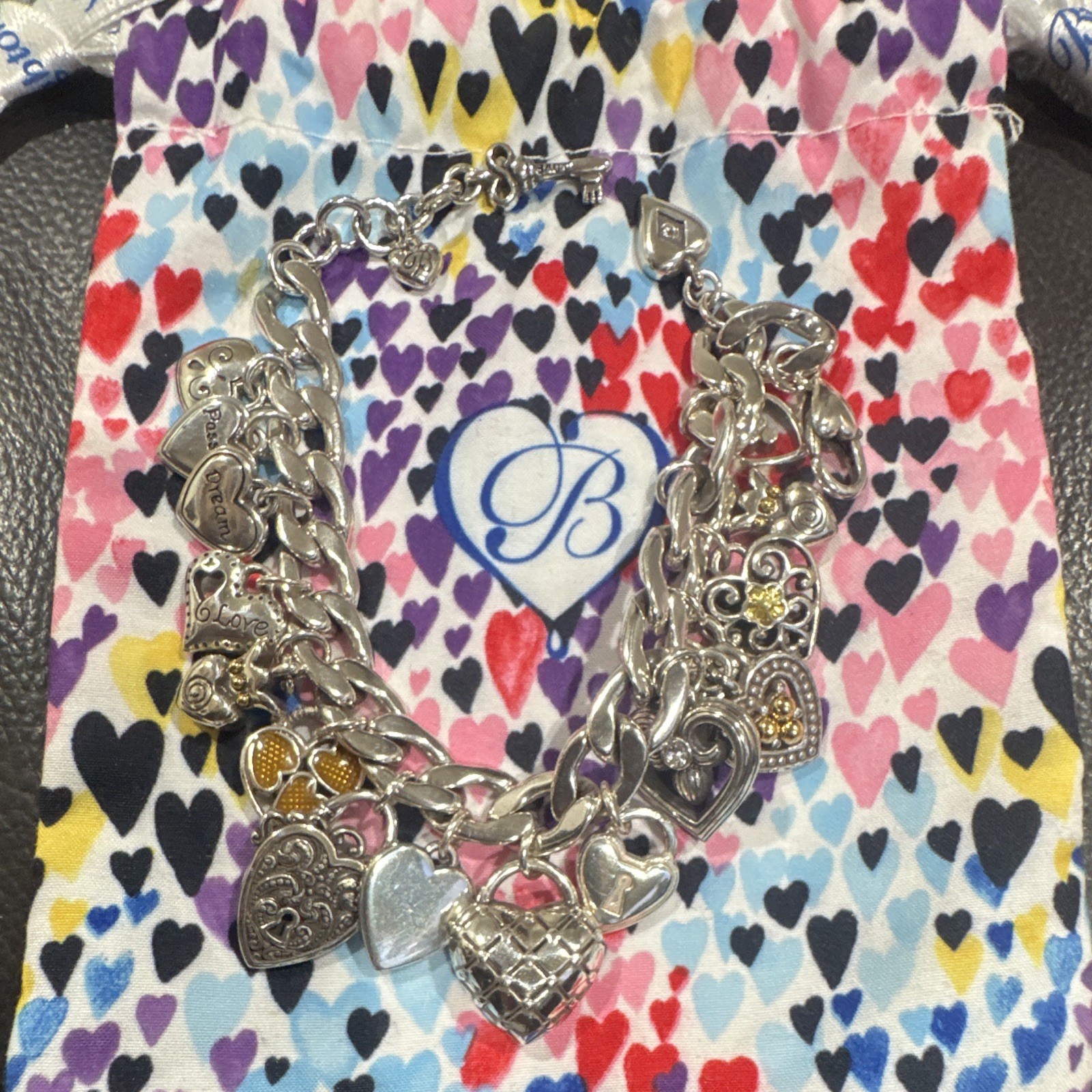 Brighton Silver Plated Heart Love Charm Chain Bracelet Yellow Crystal Lobster