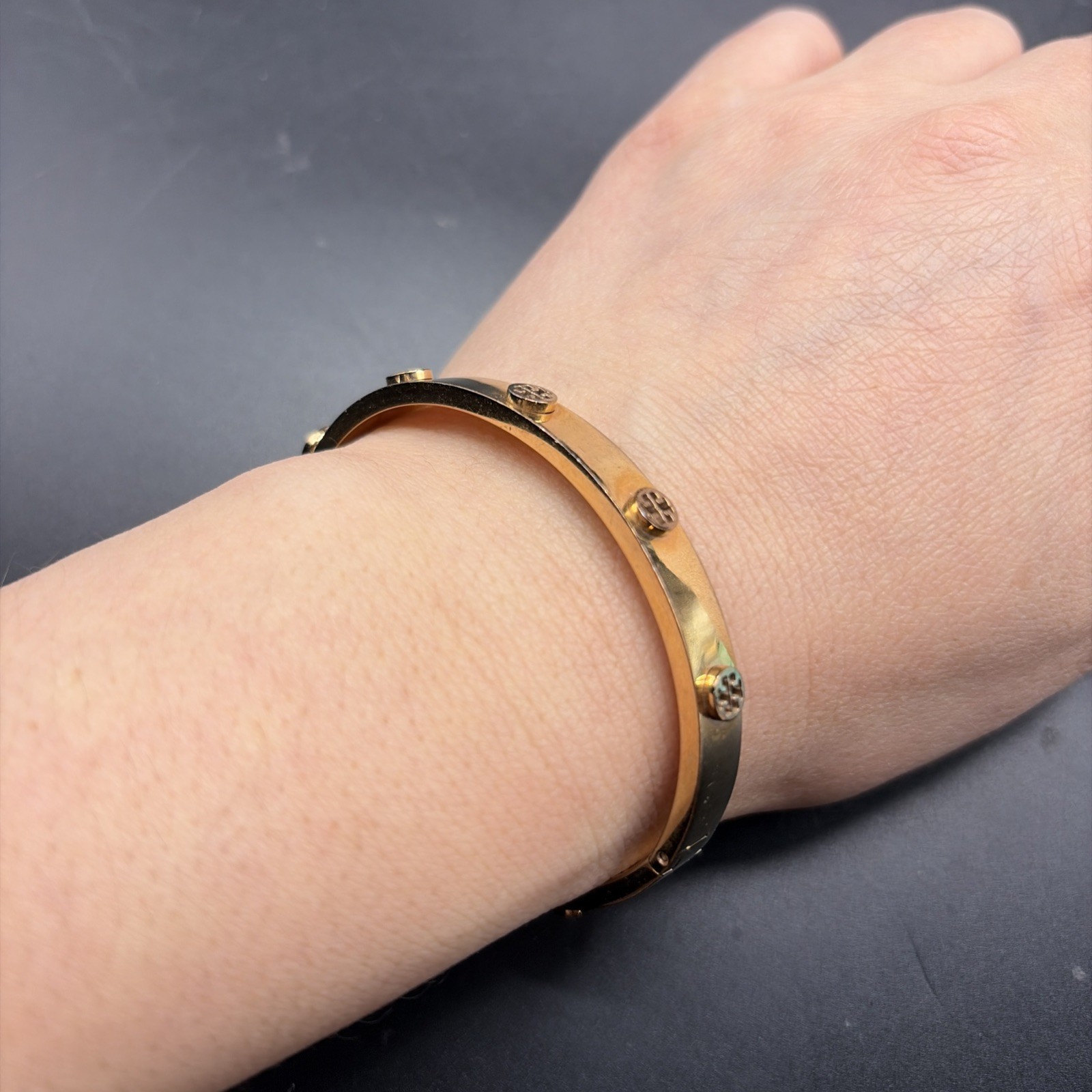 Tory Burch Miller Stud Hinge Bangle Bracelet 5mm Size Medium in Gold 6.5”L