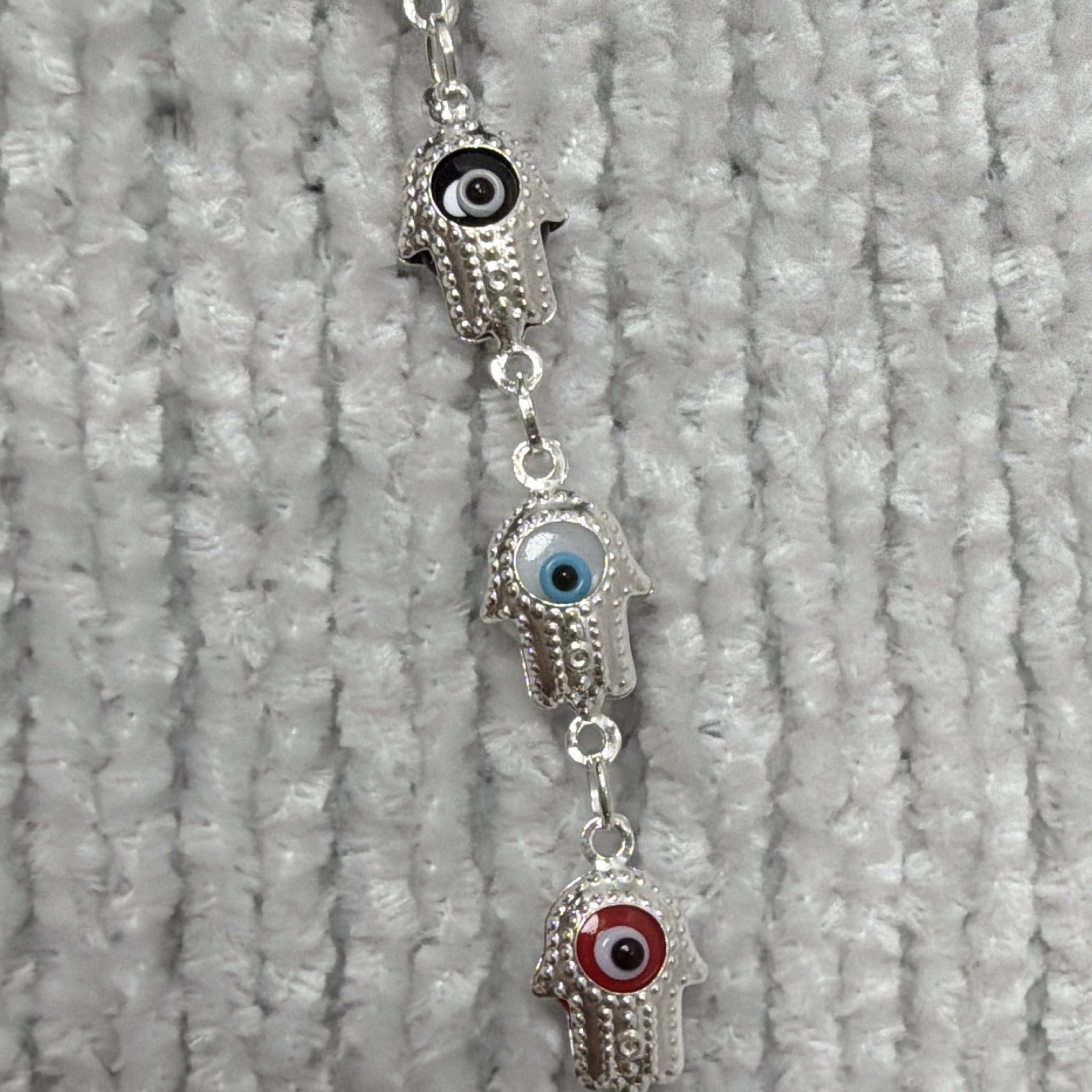 New 925 Sterling Silver Hamsa Hand Evil Eye Charm Link Bracelet 7 Inch