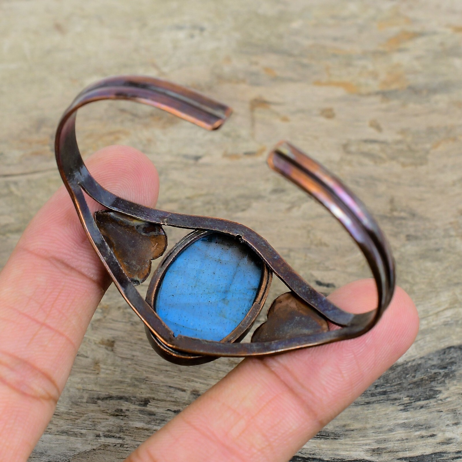 Labradorite Electroformed Heart Adjustable Bangle Handcrafted Copper Partywear