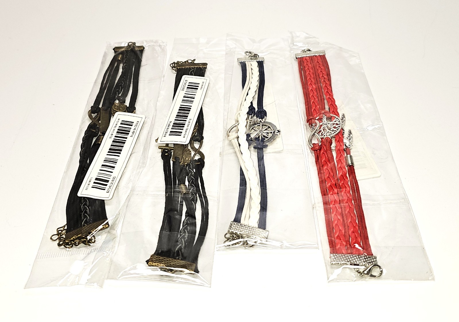 Faux Leather Charm Bracelets, Lot of Four, Inspiration Strand Braided Wraps