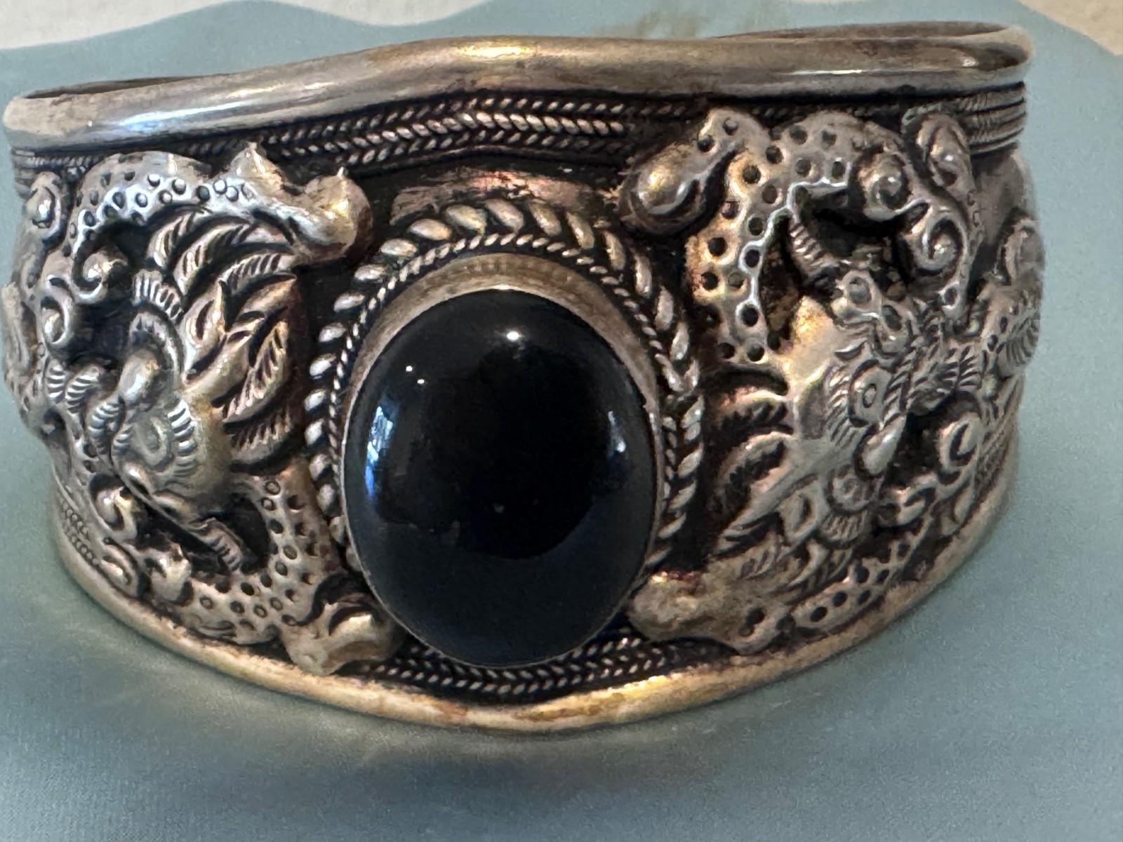 Cuff Bracelet Tibetan Nepal Silver Plated Embossed Dragons Onyx Oval Stone