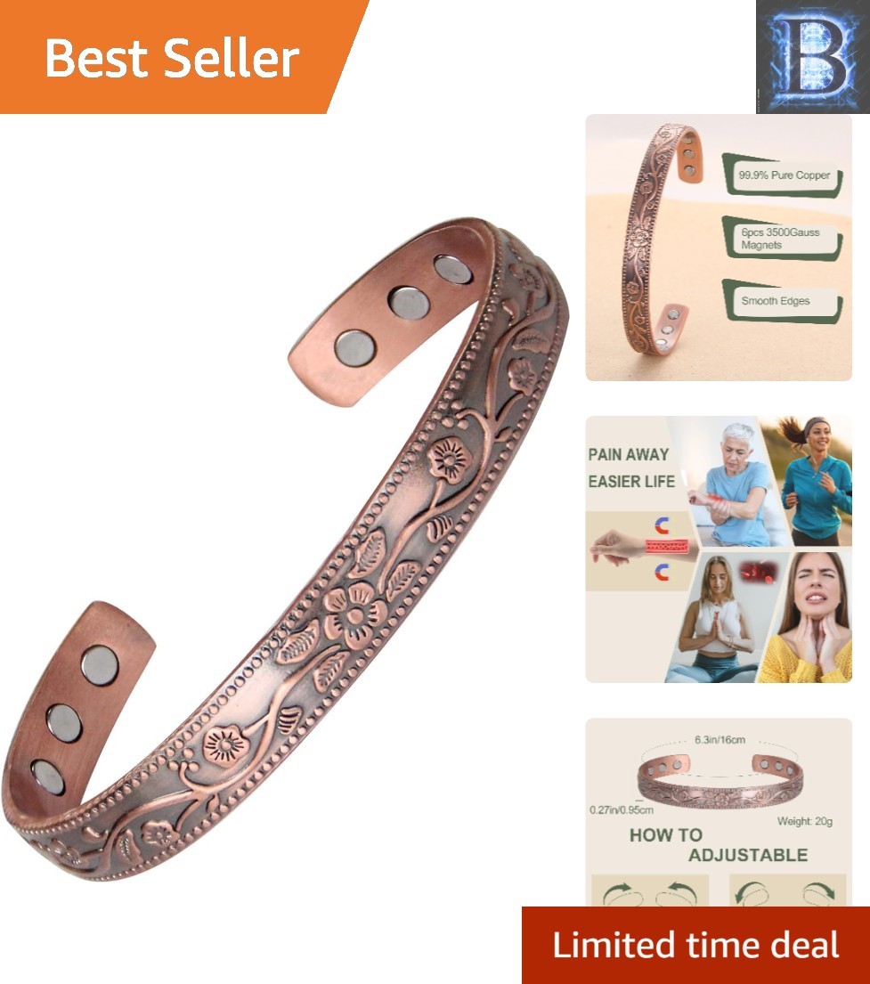Elegant 99.9% Pure Copper Magnetic Flower Bracelet for Women, 6.3 Inch Cuff