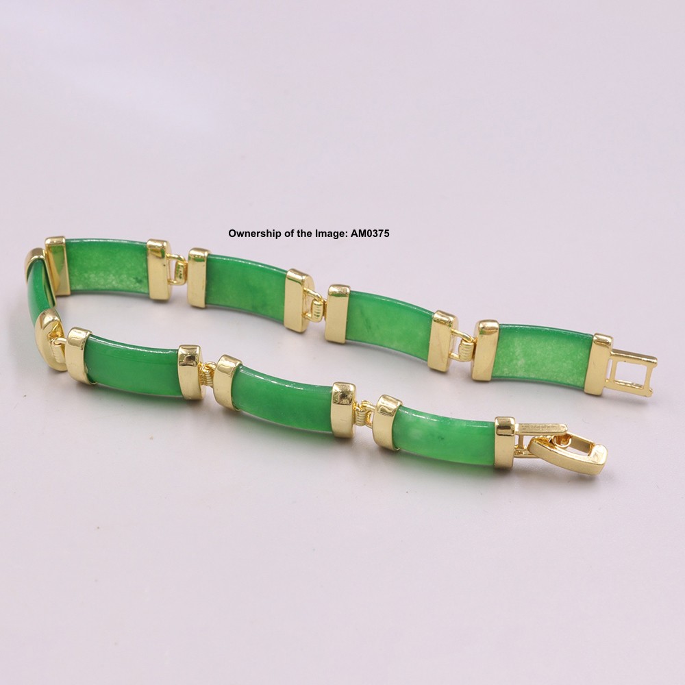 Gold Plated Alloy 10mm Rectangle Green Jade Women’s Bracelet 7.48inch