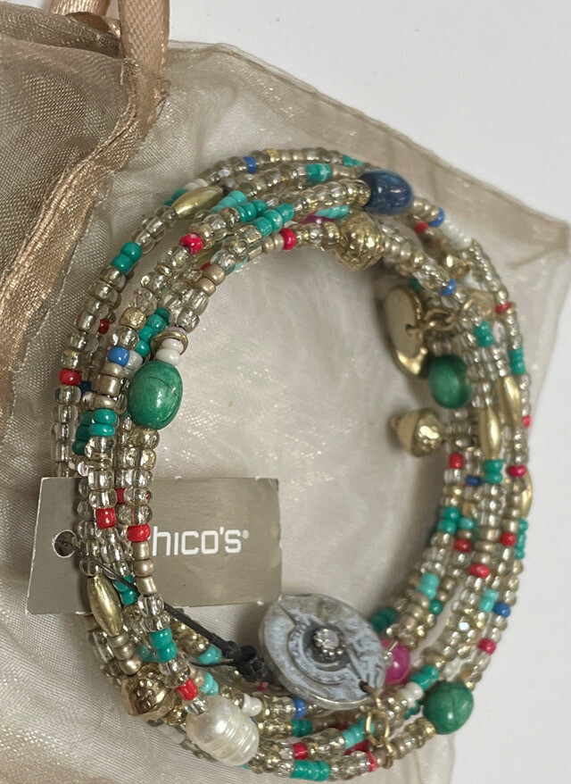 CHICO’S MULTI-COLORED SEED BEAD COIL BRACELET MEDALLIONS PEARL CHARMS NEW NWT
