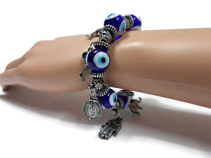 🚨1 Turkish Bracelet Bangle Silver Hamsa Blue Evil Eye Good Luck Beads SEE VIDEO