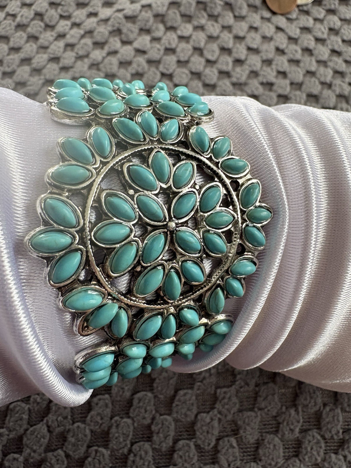Turquoise Cuff Bracelet Western Boho Silvertone Jewelry Boho