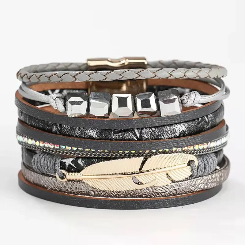 BEAUTIFUL RETRO MULTI LAYER GRAY LEATHER FEATHER & BEAD MAGNETIC CLASP BRACELET