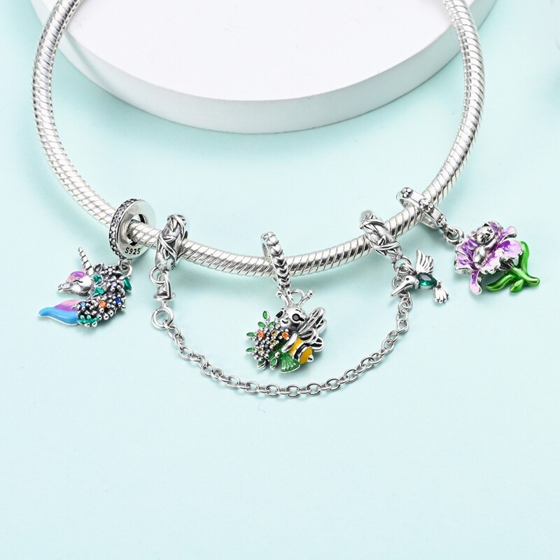MULA S925 Sterling Silver Charm CZ Enamel Green Forest Flower For Women Bracelet