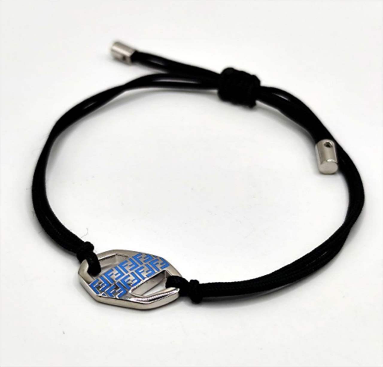 FENDI Bracelet Hexagonal Silver Plaque Blue Enamel FF Logo Black Cord 10.2″log