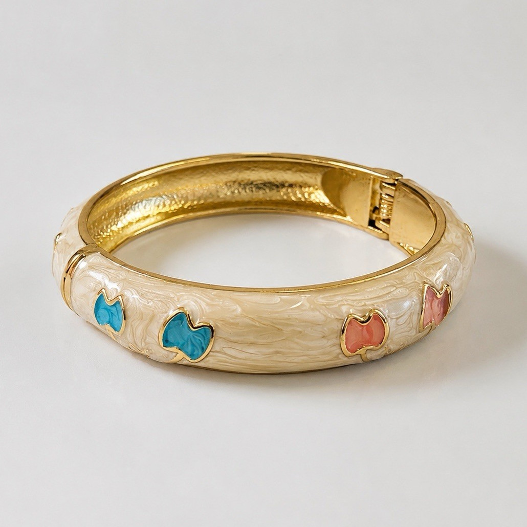 White/Gold Tone Enamel Hinged Bangle Bracelet Blue/Pink Accents-Made In India