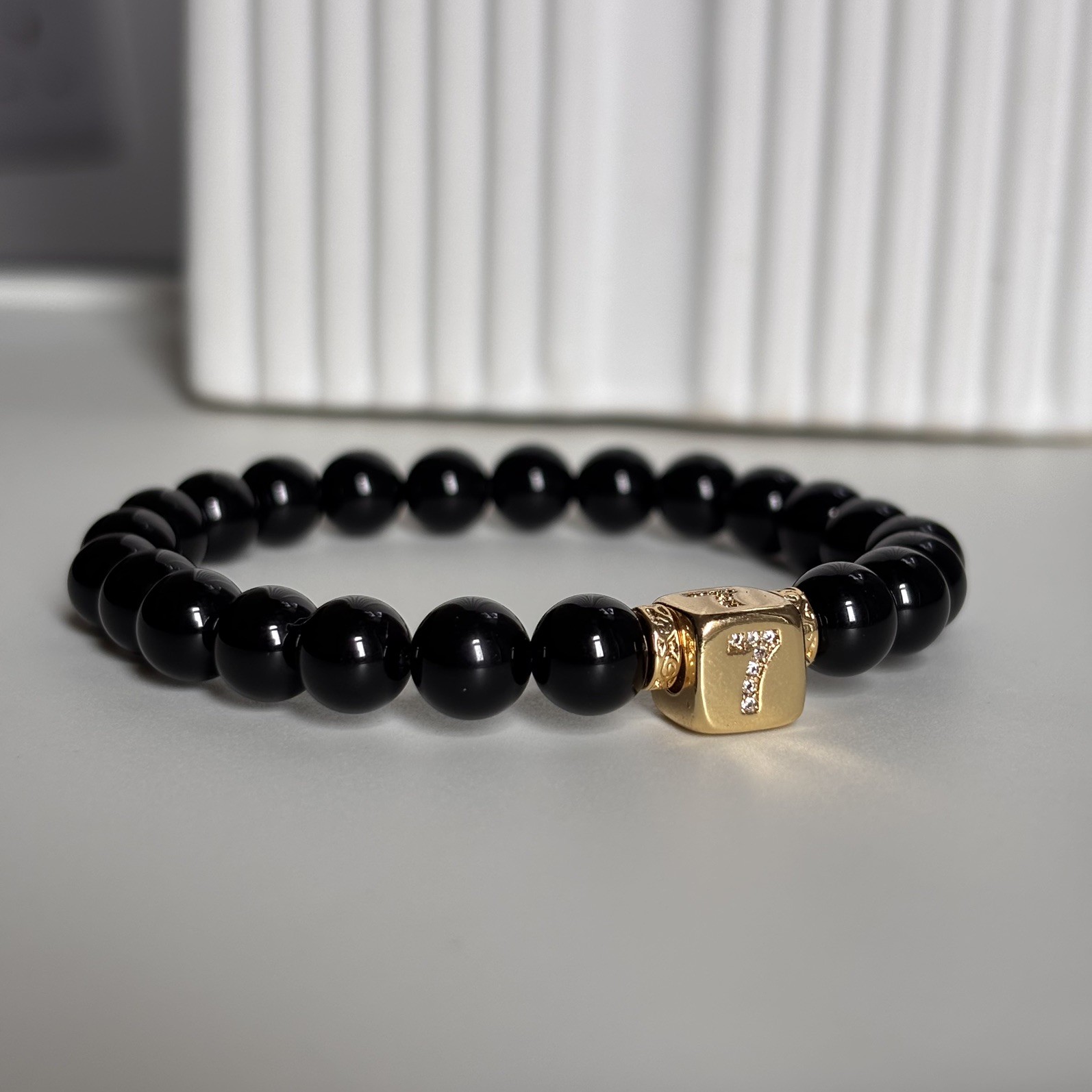 Men’s Women’s Black Onyx Gemstone Bracelet With Lucky Number 7 Cube Handmade