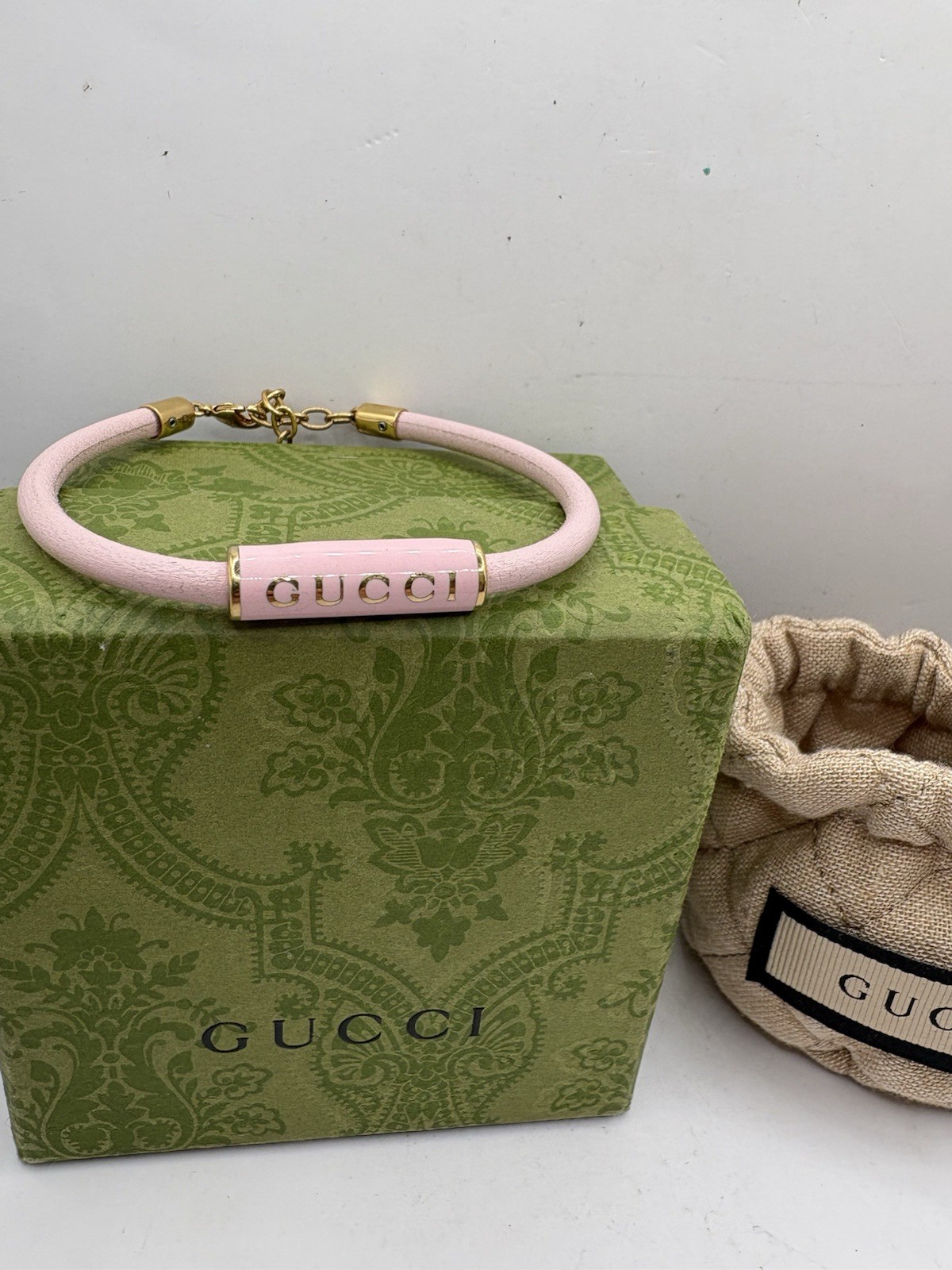Gucci Pink Leather Enamel Bracelet With Box & Dust Bag