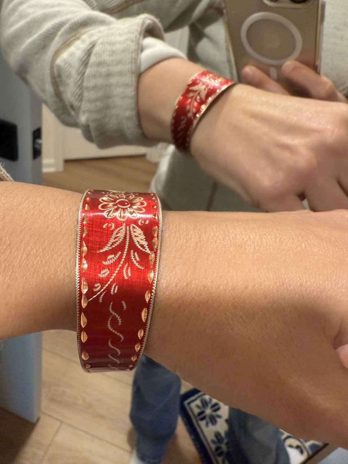 Turkish Handmade Etched Copper Wide Cuff Bracelet Red Adjustable