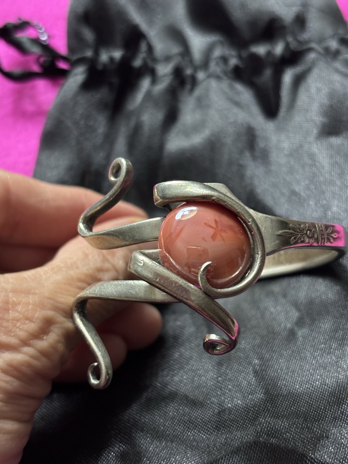 Silver Plated Cuff Bracelet with Round Pink Cabochon