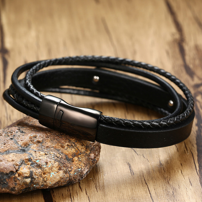 Genuine Leather Medical Alert ID Men Bracelet Wristband Multi Layer Male Jewelry