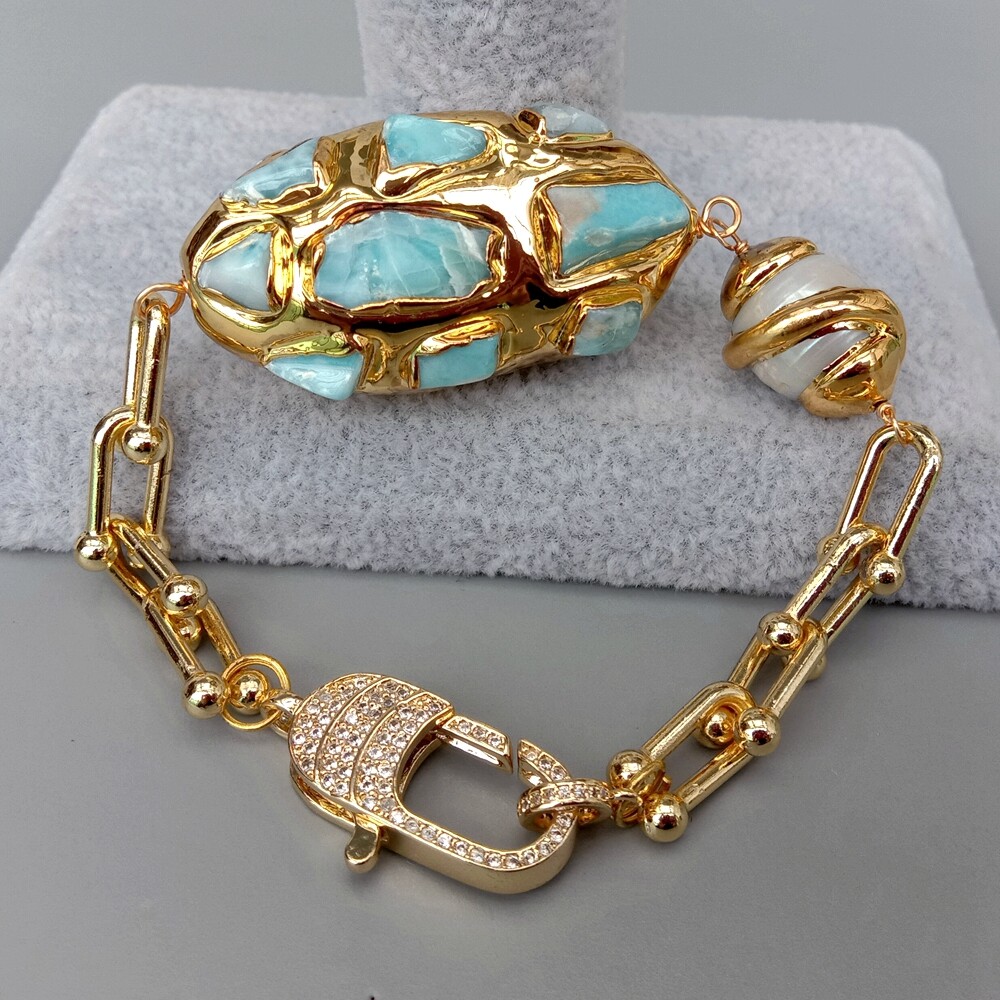 8″ Cultured White Keshi Pearl Blue Larimar Gold Plated Chain Bracelet