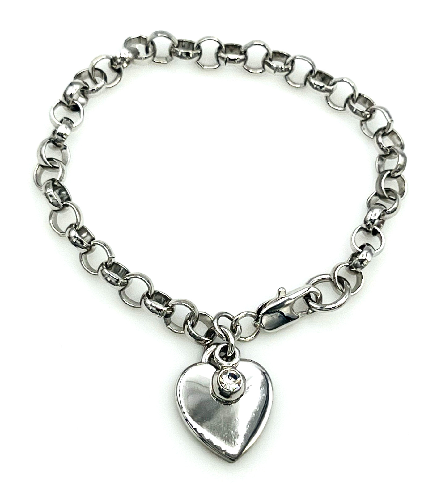 Silver Tone Rolo Chain Heart Charm Bracelet 8 in