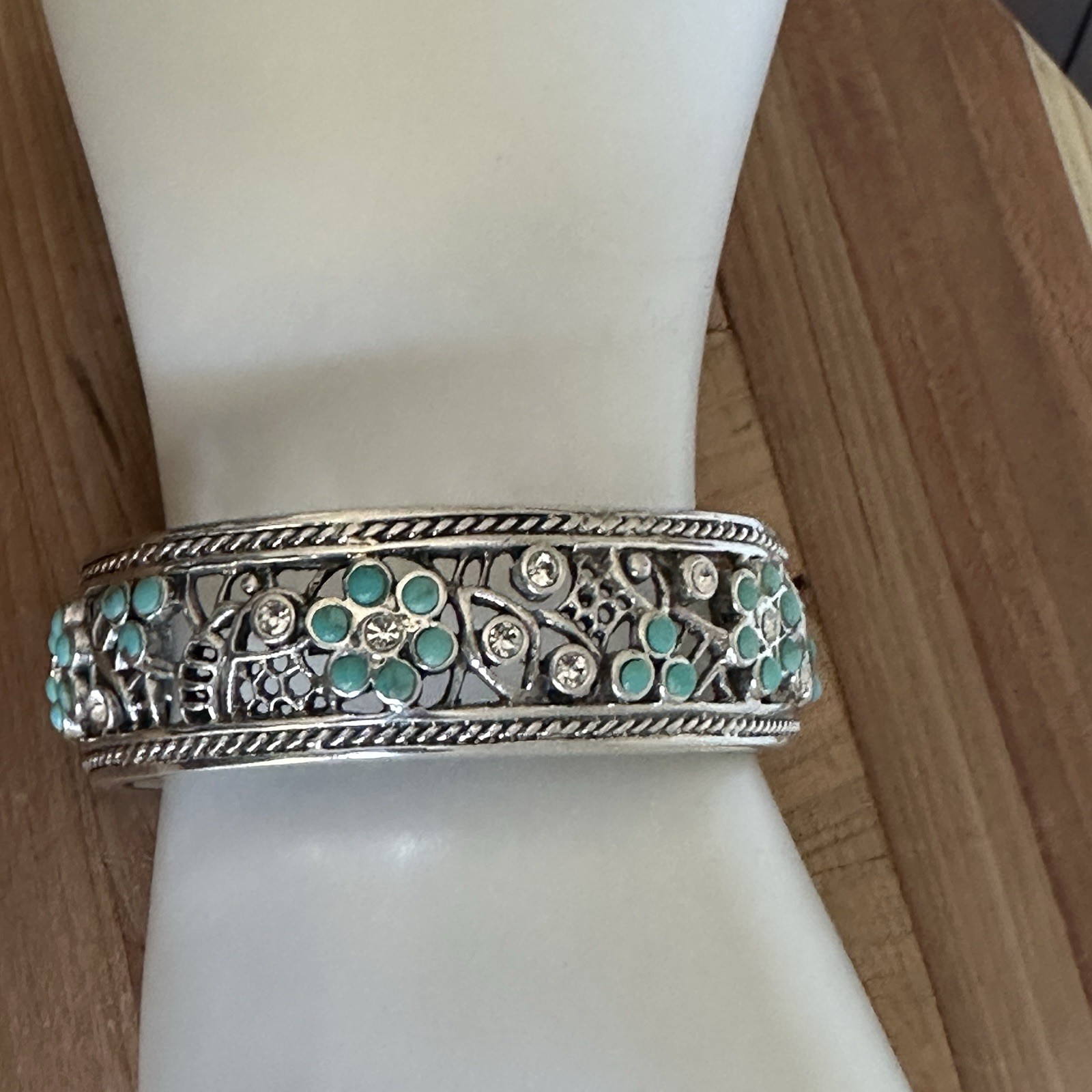 Barse Open Cuff Bracelet 6.5 Inch Turquoise Clear CZ Floral 925 Sterling 53.8g