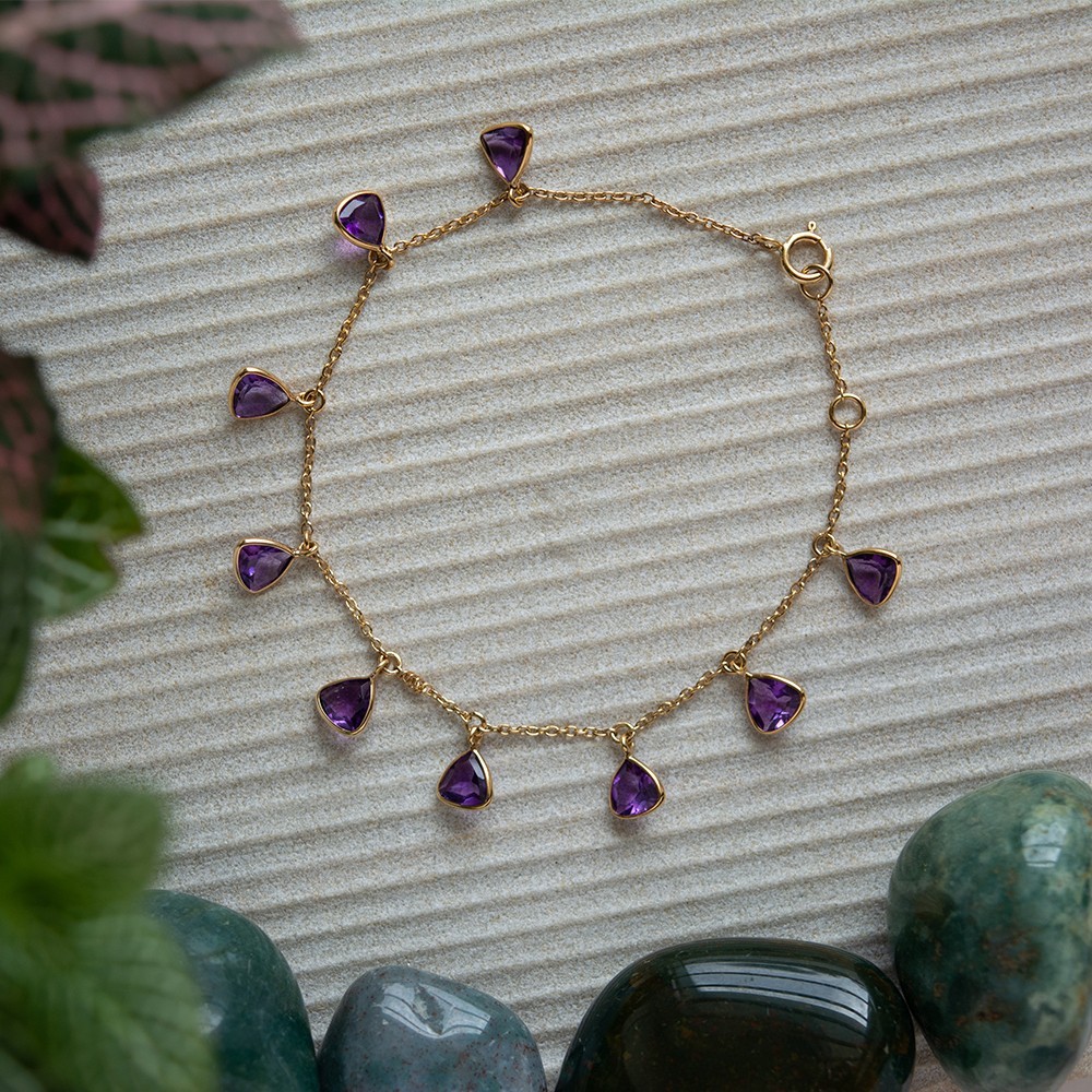 Natural Amethyst 18K Gold Bracelet 7 Inch Trillion Cut Women Jewelry Gift