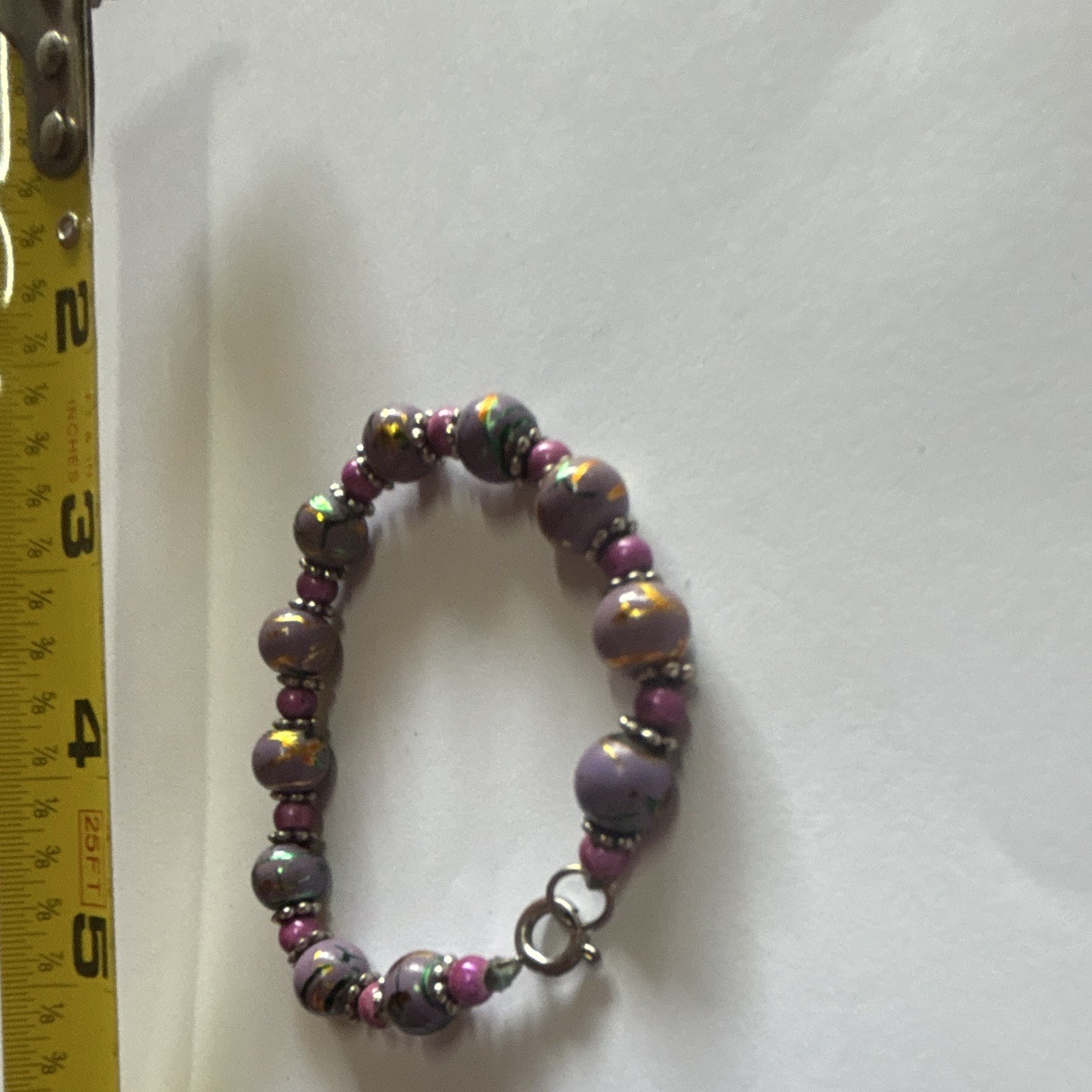 Purple Glass Round Bead Bracelet, Ball/Bead Chain, Spring Ring Clasp, 8 in
