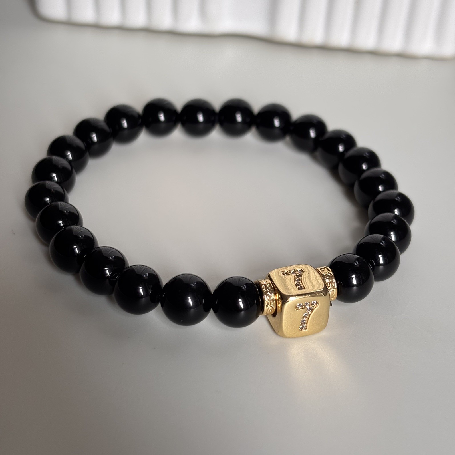 Men’s Women’s Black Onyx Gemstone Bracelet With Lucky Number 7 Cube Handmade