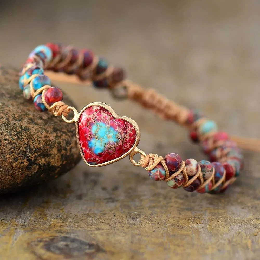 Handmade Natural Heart Gemstone Sea Sediment Healing Chakra Women Bracelet Gifts