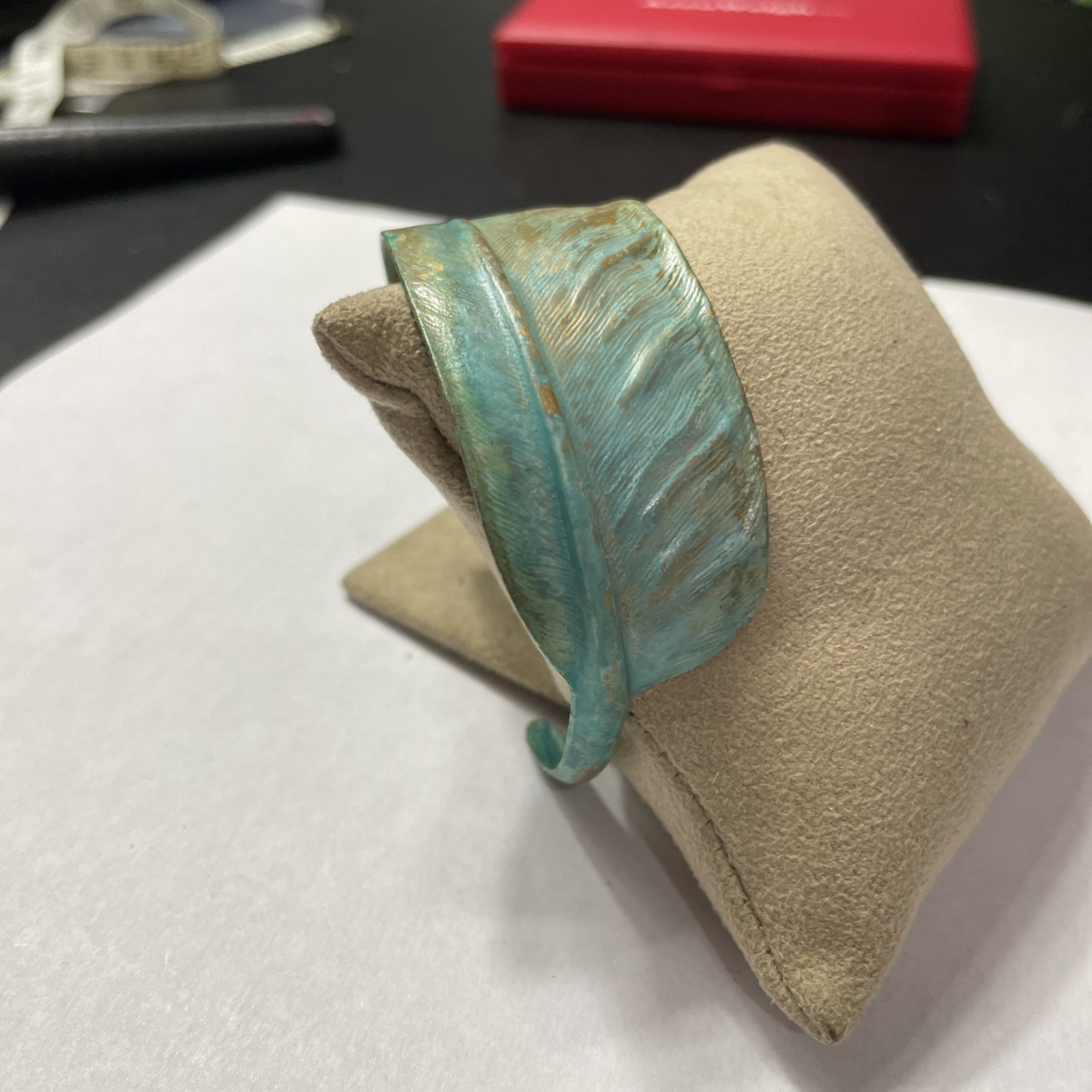 Verdigris Feather Cuff Bracelet Brass