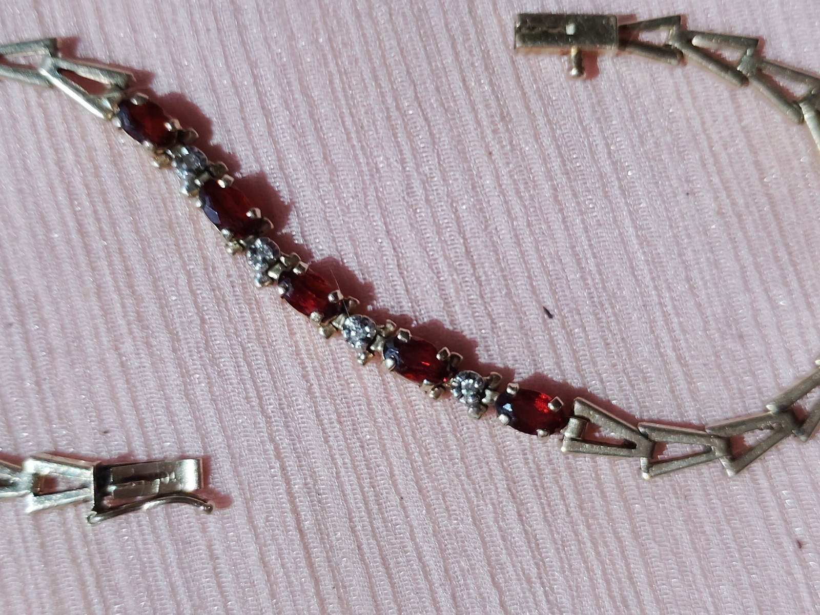 Vintage 10k Chevron link tennis bracelet Garnet gemstones and Diamond accents