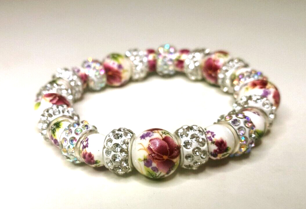 NEW FLORAL BACELET MULTICOLOR WHITE COLORLESS RHINESTONES BEADED STRETCH