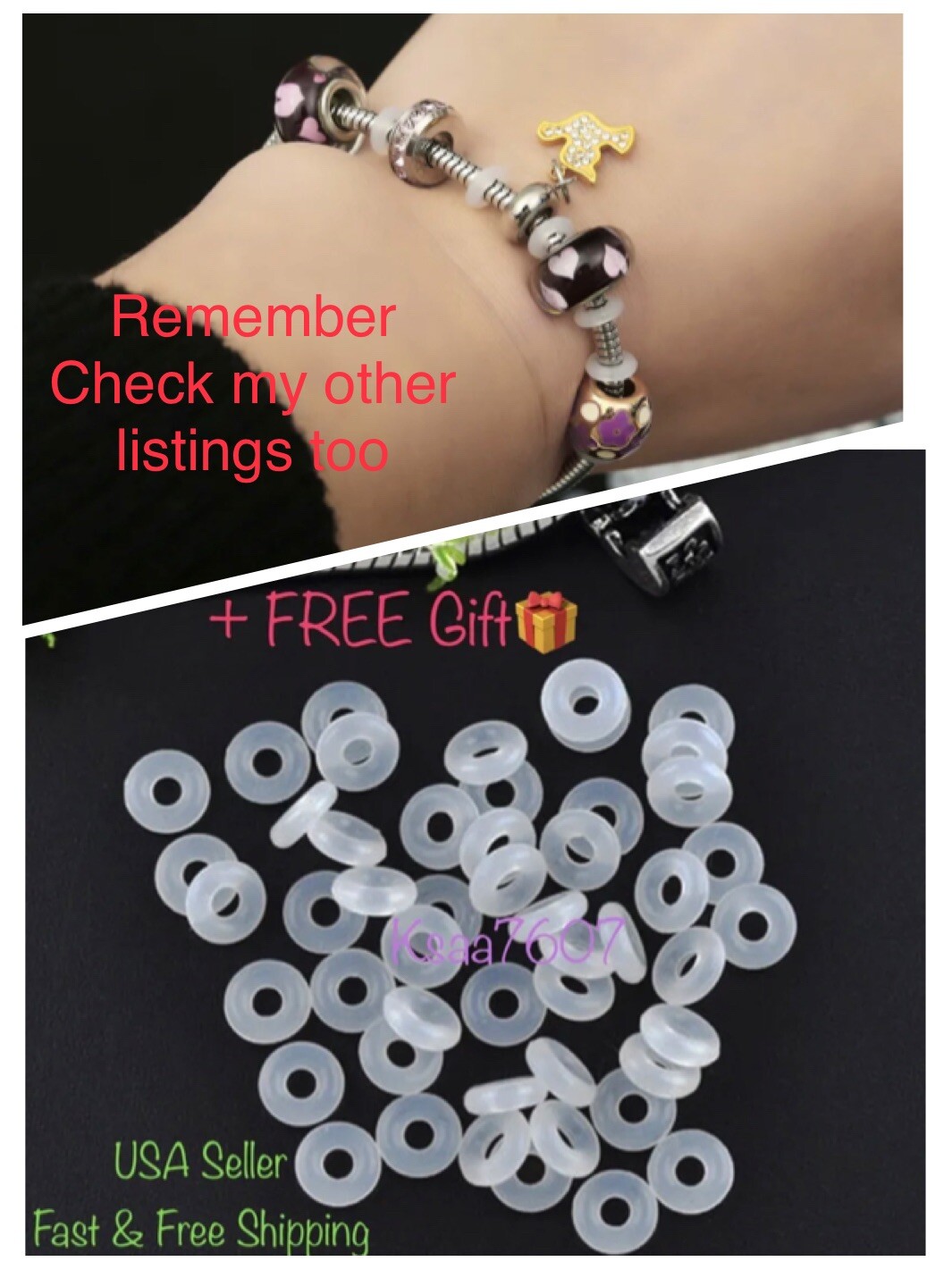 40pc-White/Clear Silicone Rubber Stopper Rings Spacer Bead Fit European Bracelet