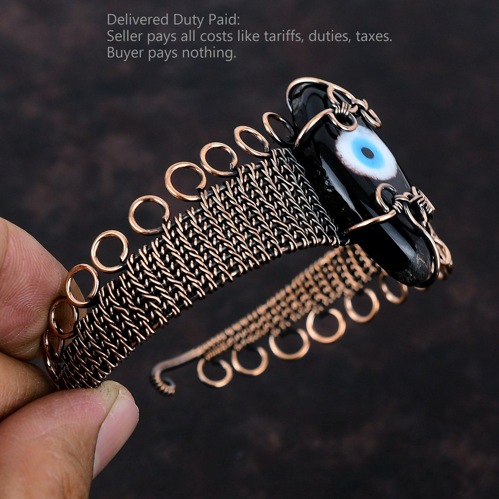 Natural Black Color Evil Eye Copper Mother Wire Wrapped Artisan Boho Ethnic Cuff
