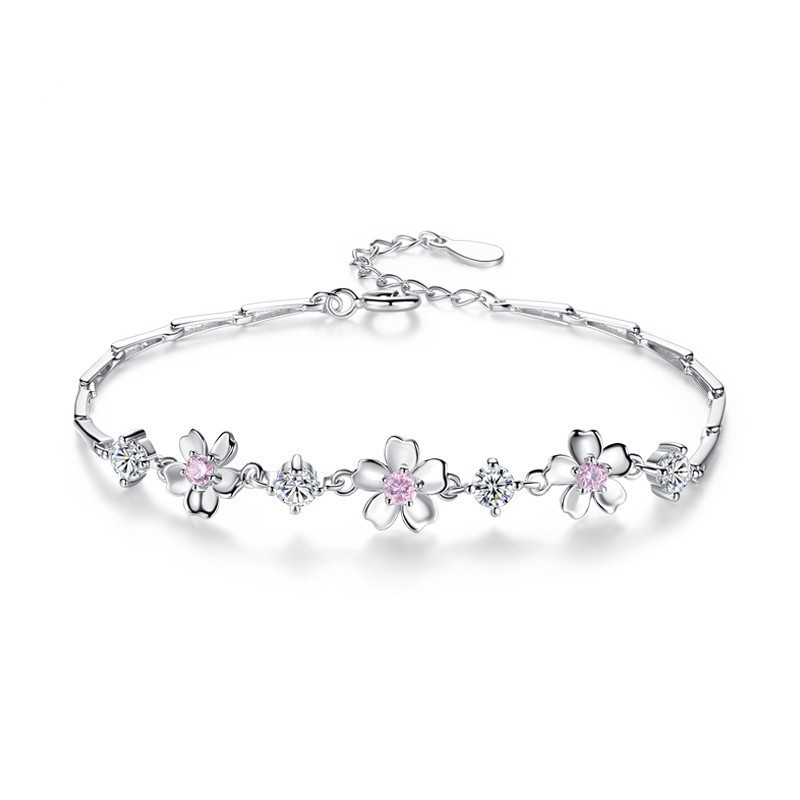 925 Silver Plated Cherry Blossom Pink Zircon Bracelet Women’s Sweet Bangle