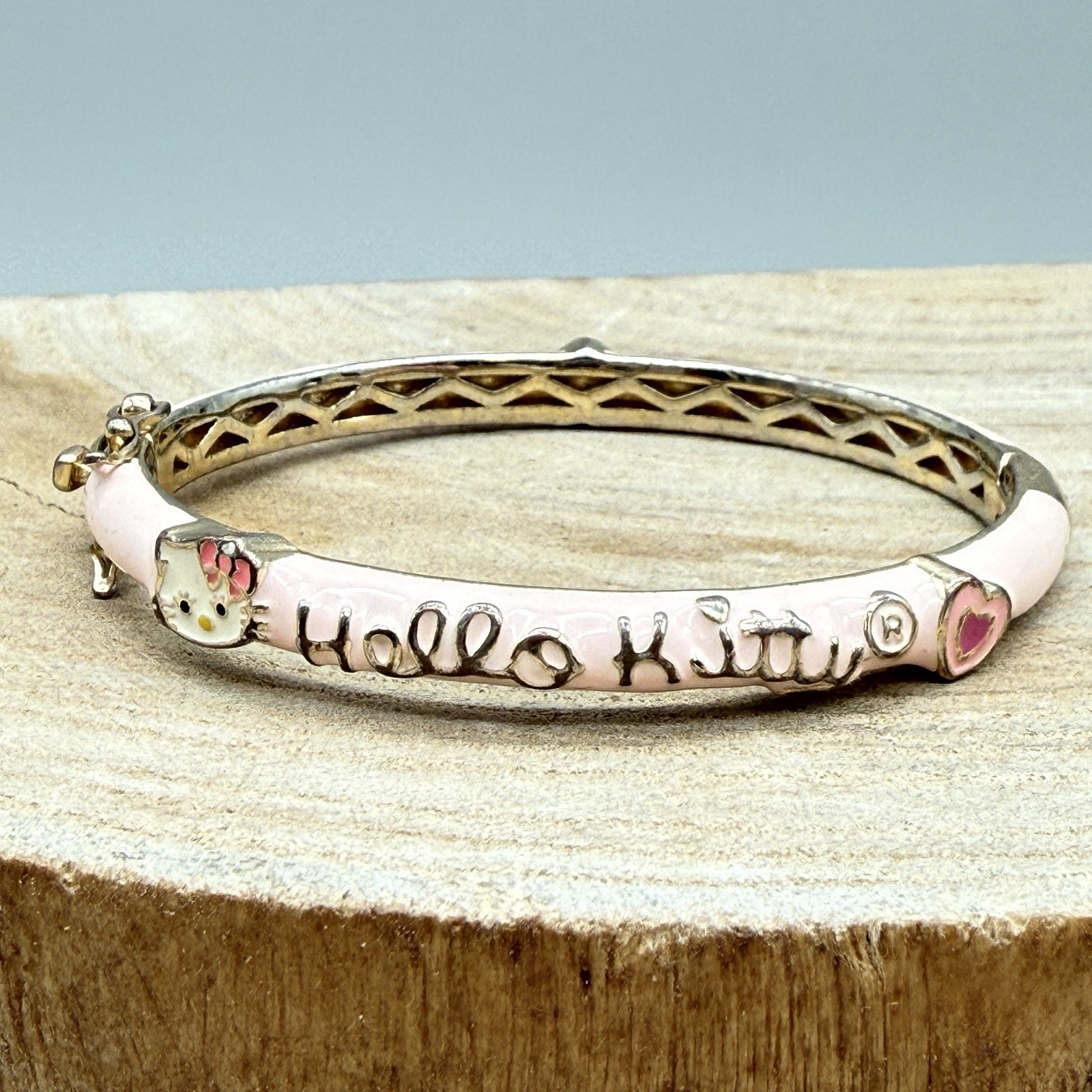 Sanrio Hello Kitty Pink Enamel Hinged Bangle Bracelet JCM China Gold Tone