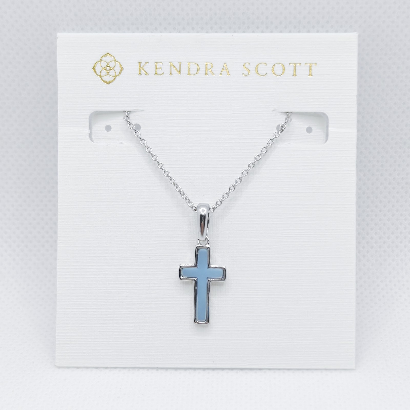 New Kendra Scott Cross Silver Pendant Necklace in Light Blue Dichroic Glass